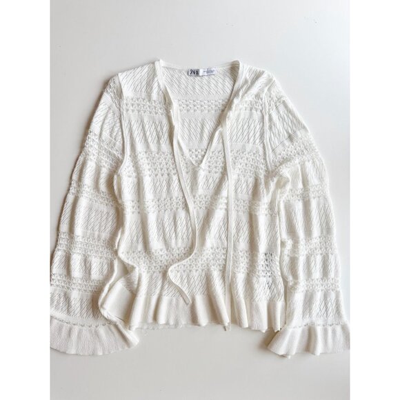 ZARA White Sheer Pointelle Knit Split V-Neck Tunic Top Cover-Up, Size M - Picture 5 of 14